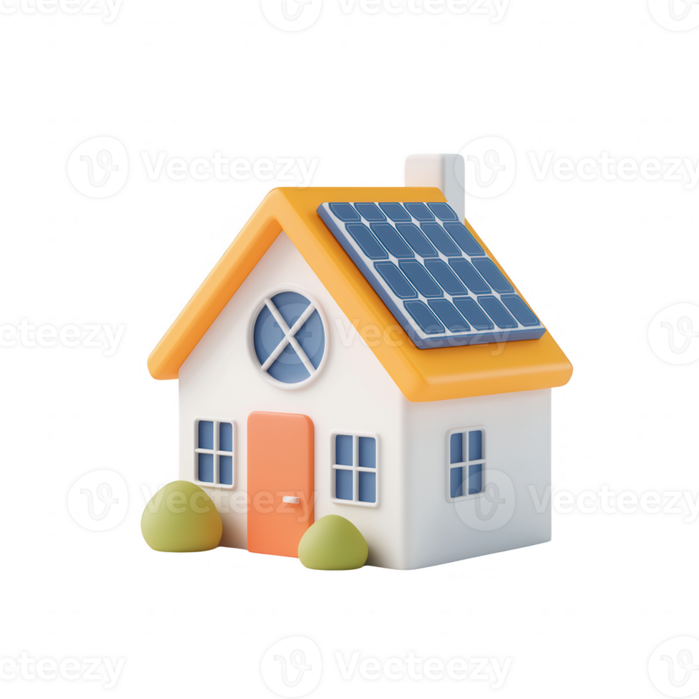 A modern house with solar panels and green landscaping, symbolizing sustainability. png