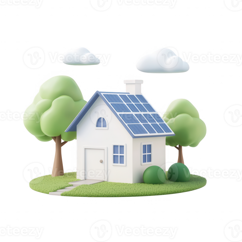 A modern eco-friendly house with solar panels and lush greenery surrounding it. png