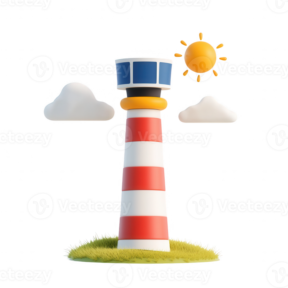 A colorful lighthouse standing tall under a sunny sky with clouds and grass. png