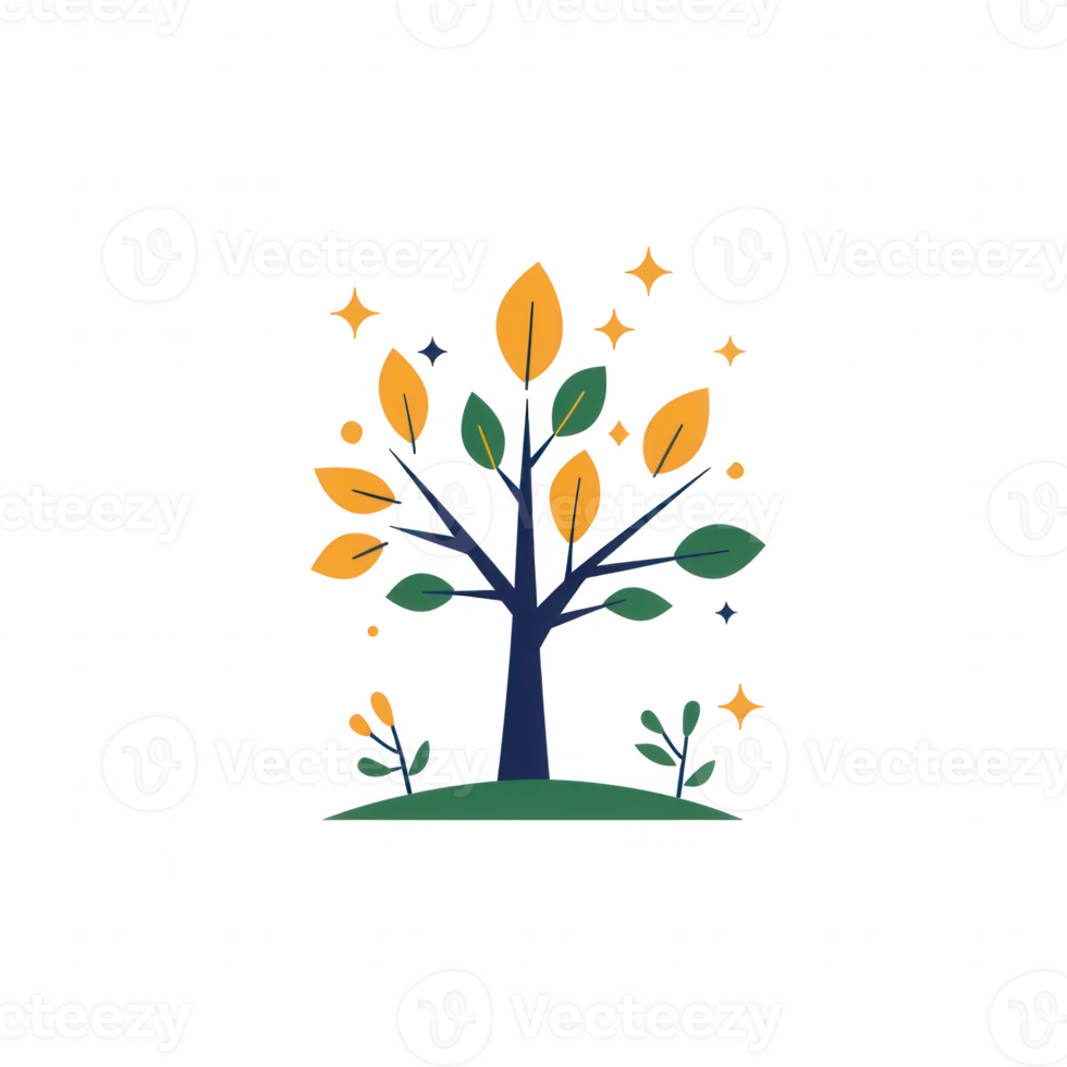 A vibrant illustration of a tree with colorful leaves and surrounding foliage. png