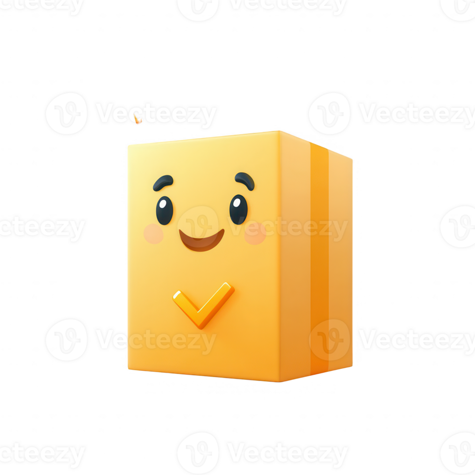 A cheerful cartoon box character with a friendly face and a check mark symbol. png