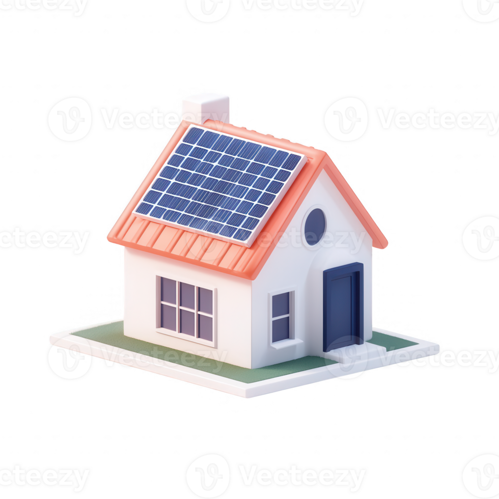 3D illustration of a modern house with solar panels and a colorful roof design. png