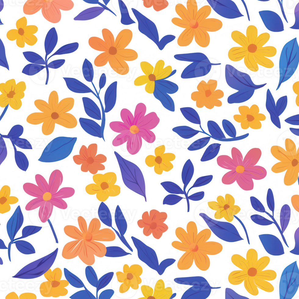 A vibrant floral pattern featuring a variety of colorful flowers and leaves. png