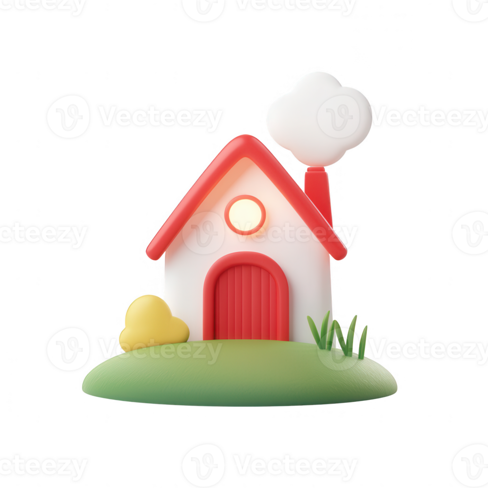 A charming 3D-rendered house with a vibrant roof and lush greenery surrounding it. png