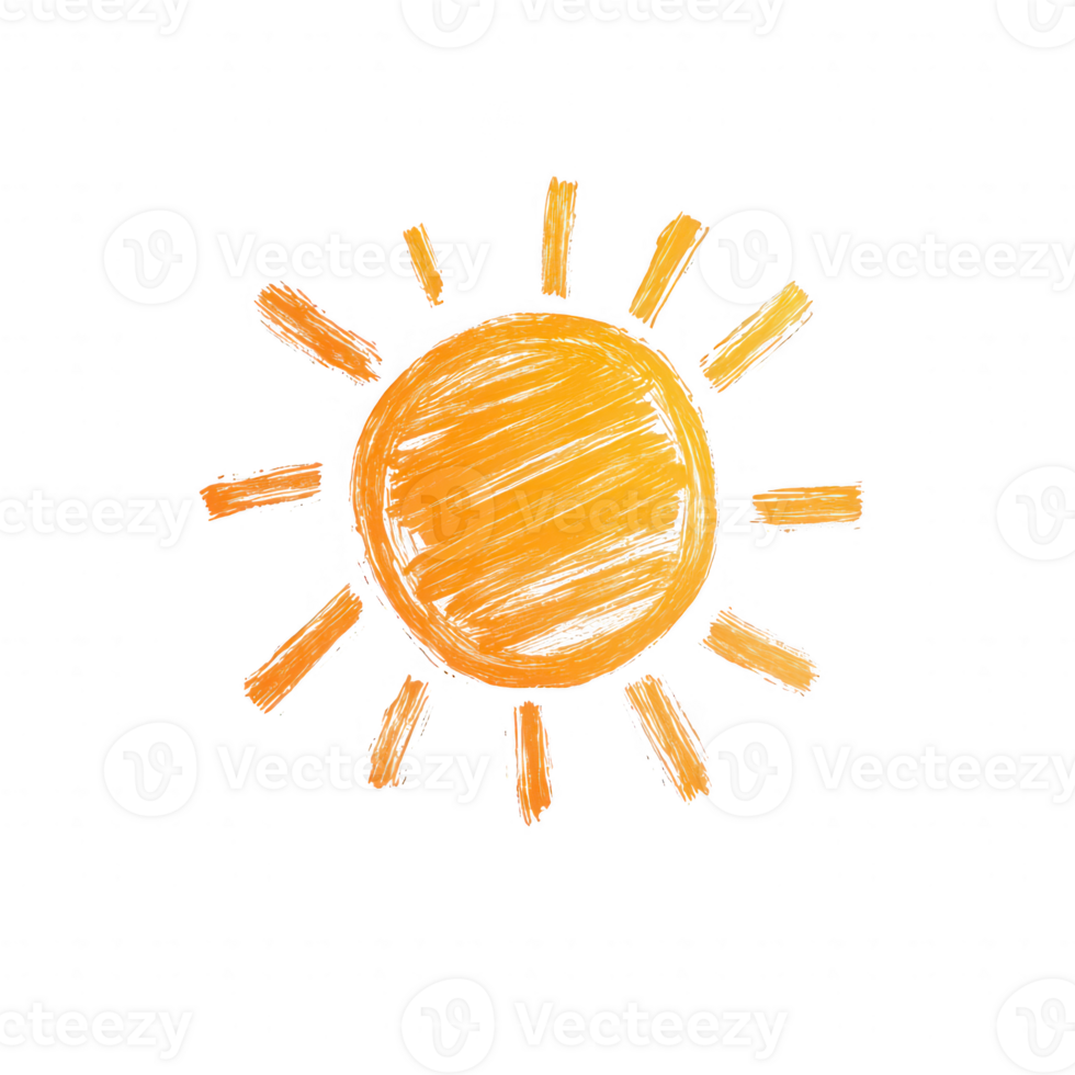 A bright and cheerful drawing of the sun with rays radiating warmth and light. png