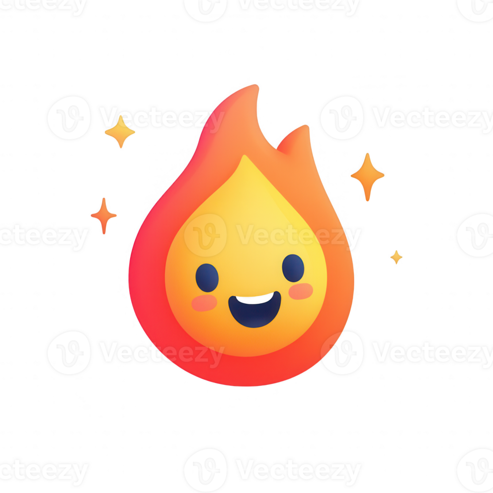 A cheerful flame emoji character with a smiling face and sparkling stars around. png