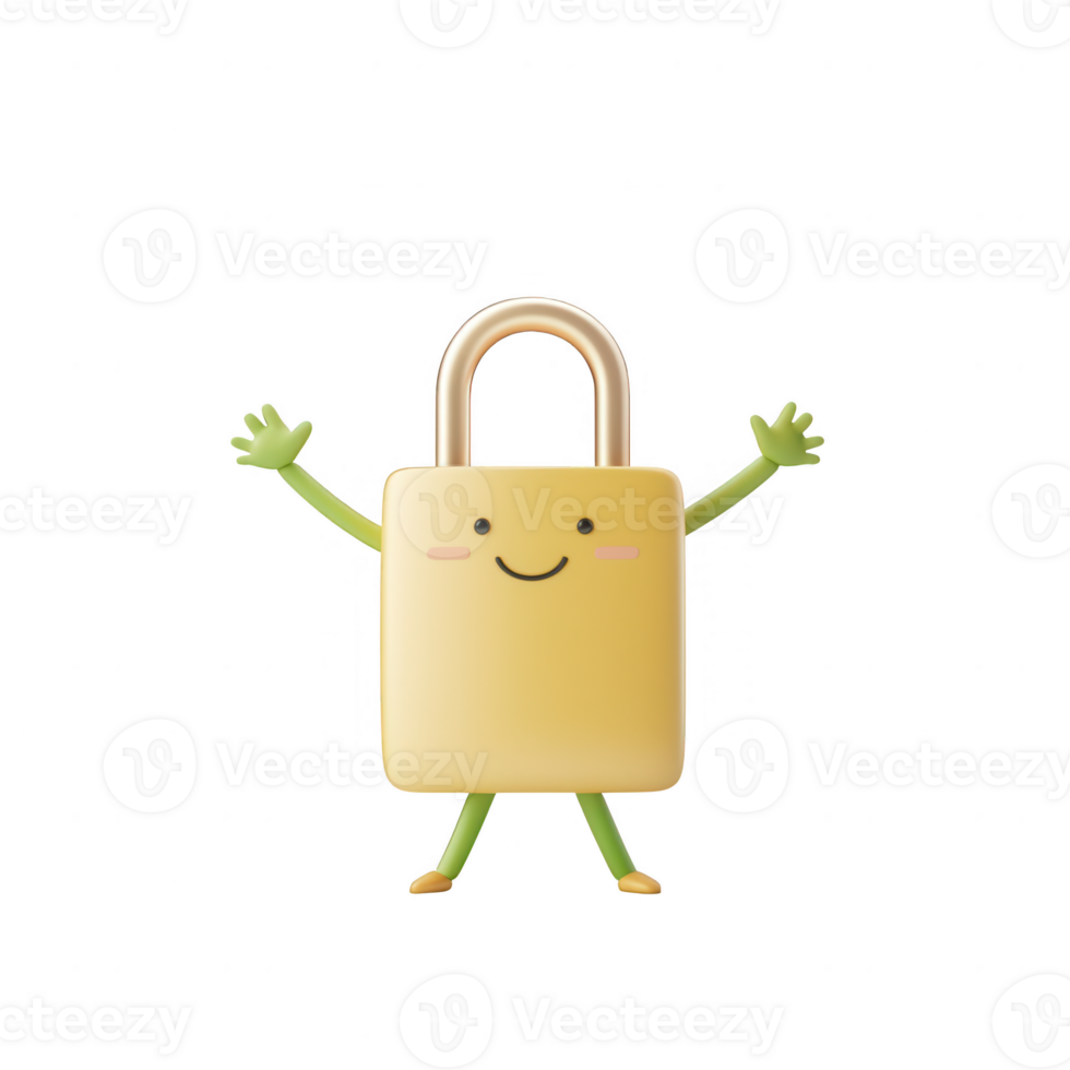 A cheerful padlock character with arms and a smiling face, symbolizing security and safety. png