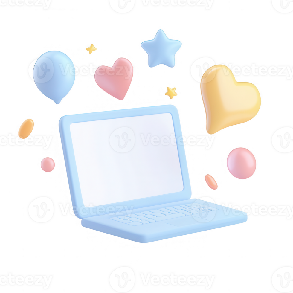 A colorful laptop surrounded by playful shapes representing creativity and innovation. png