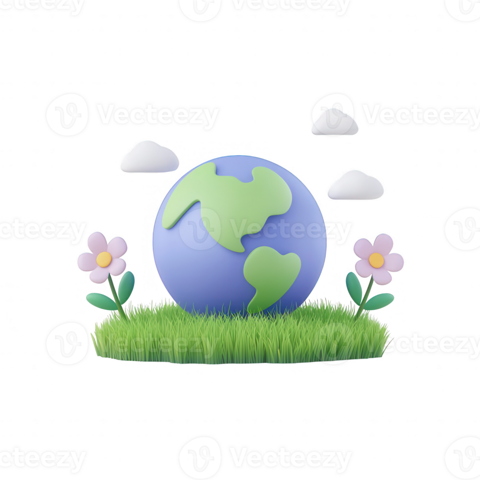 A colorful representation of Earth surrounded by flowers and clouds. png