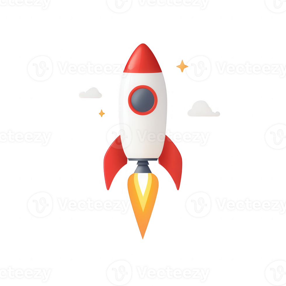 A colorful rocket soaring through clouds, symbolizing innovation and exploration. png