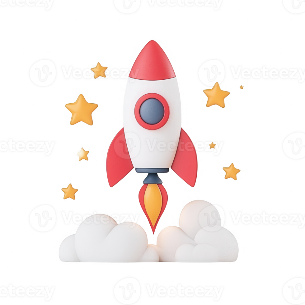 A colorful rocket launching into space surrounded by stars and clouds. png