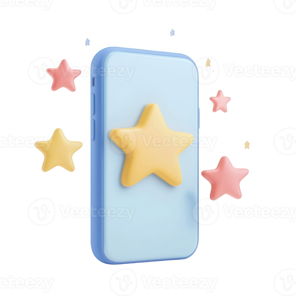 A colorful smartphone design with playful star elements surrounding it. png