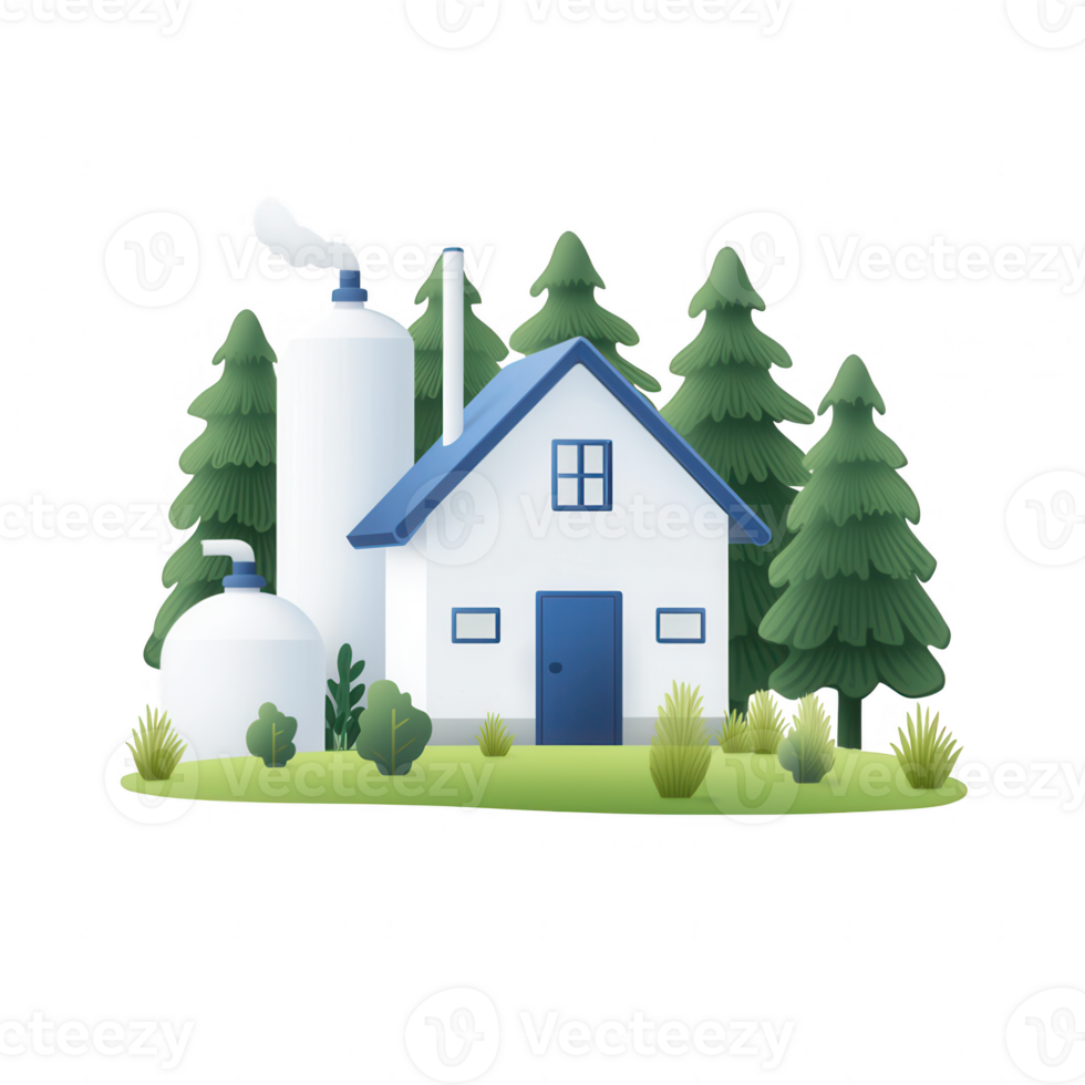 A cozy cottage surrounded by lush trees and modern infrastructure for sustainability. png