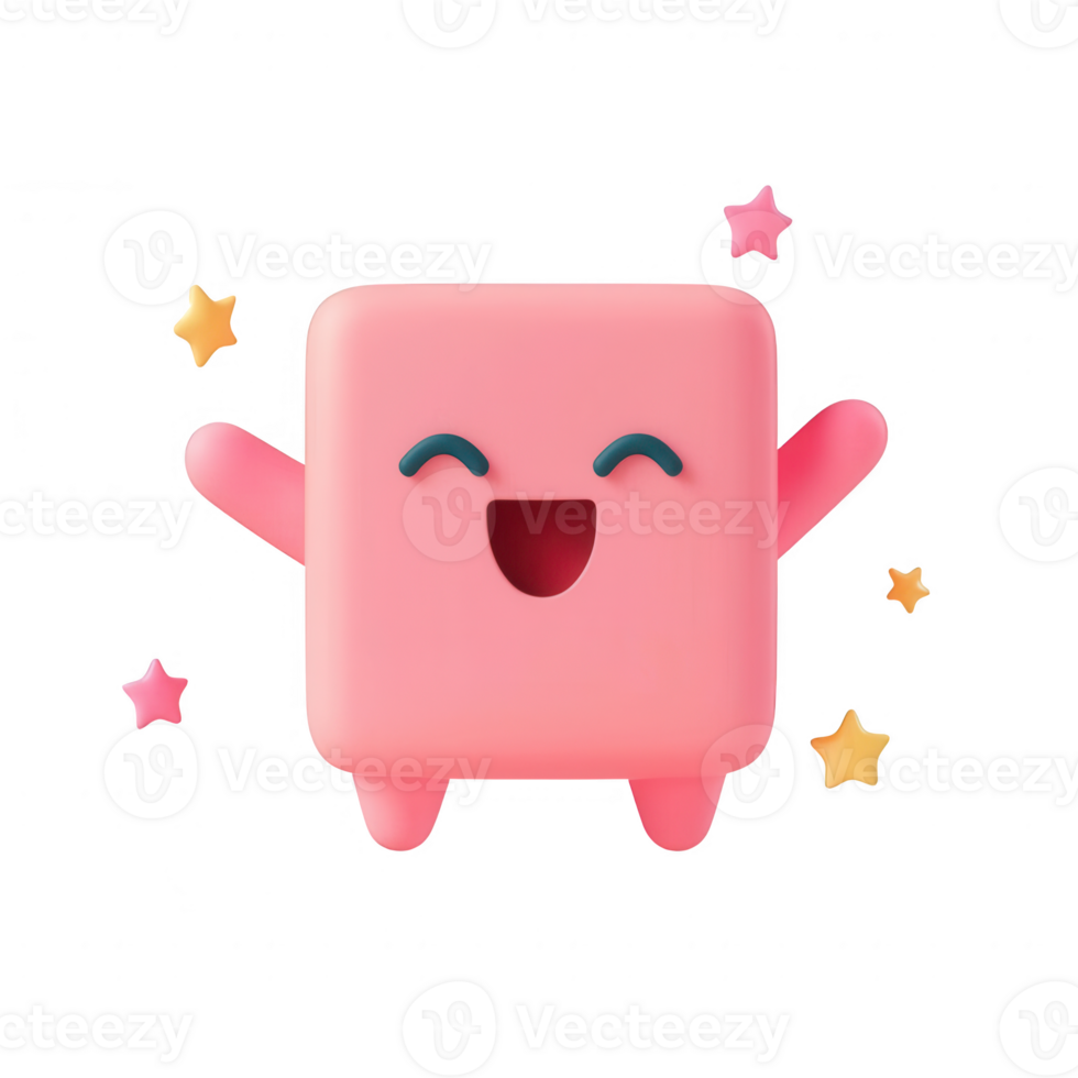 A cute pink character with a cheerful expression surrounded by colorful stars. png