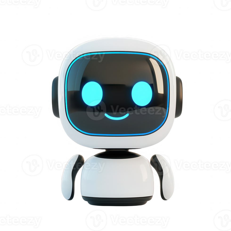 A cute friendly robot with glowing blue eyes, designed for interaction and learning. png