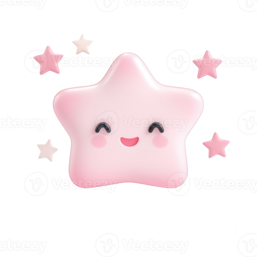 A cute pink star character surrounded by smaller stars and a joyful expression. png
