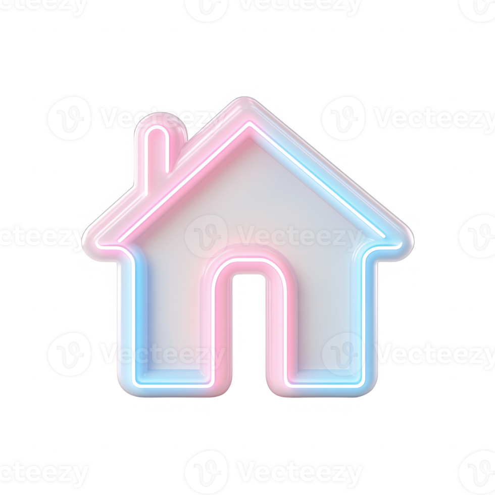 A modern neon house icon in soft pink and blue hues, symbolizing comfort and home. png