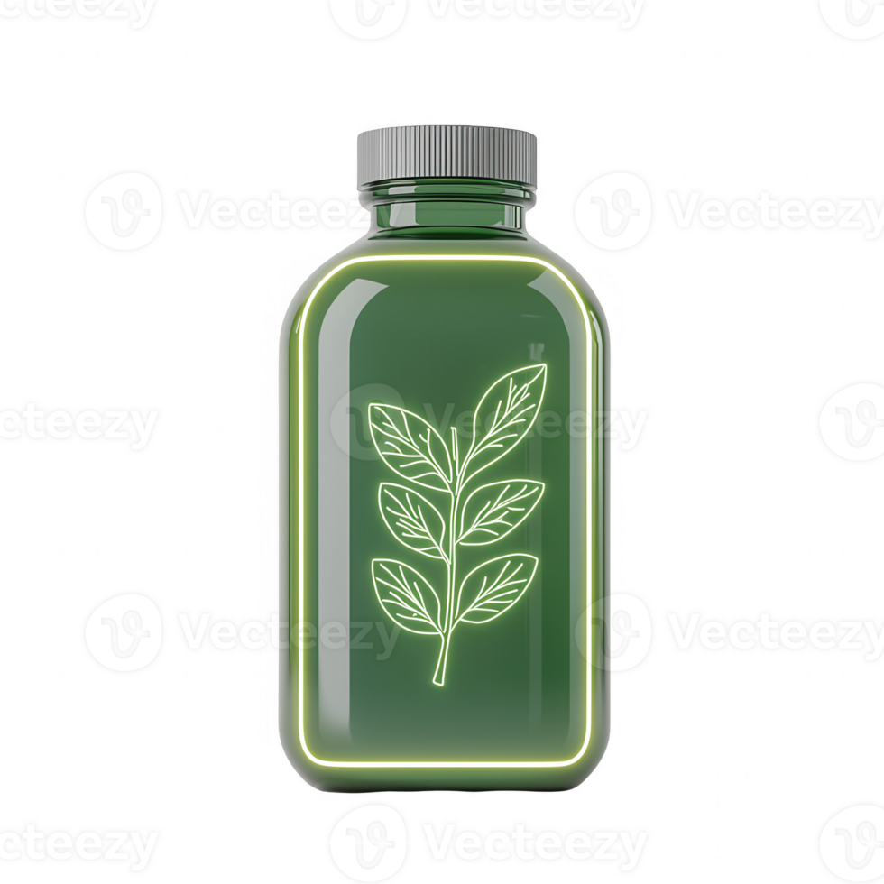 A green glass bottle featuring a leaf design, symbolizing freshness and nature. png