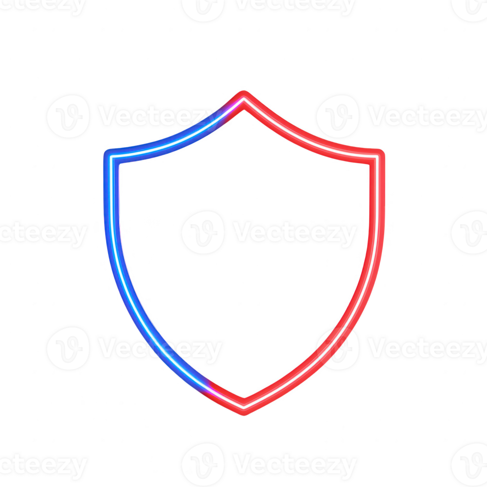 A neon shield symbol representing security and protection in a digital world. png