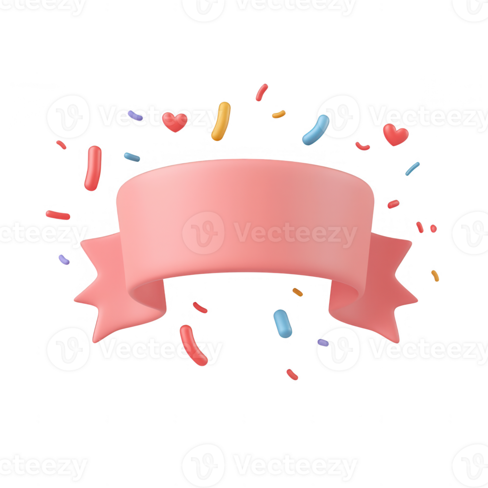 A playful pink ribbon surrounded by colorful confetti and hearts for celebration. png
