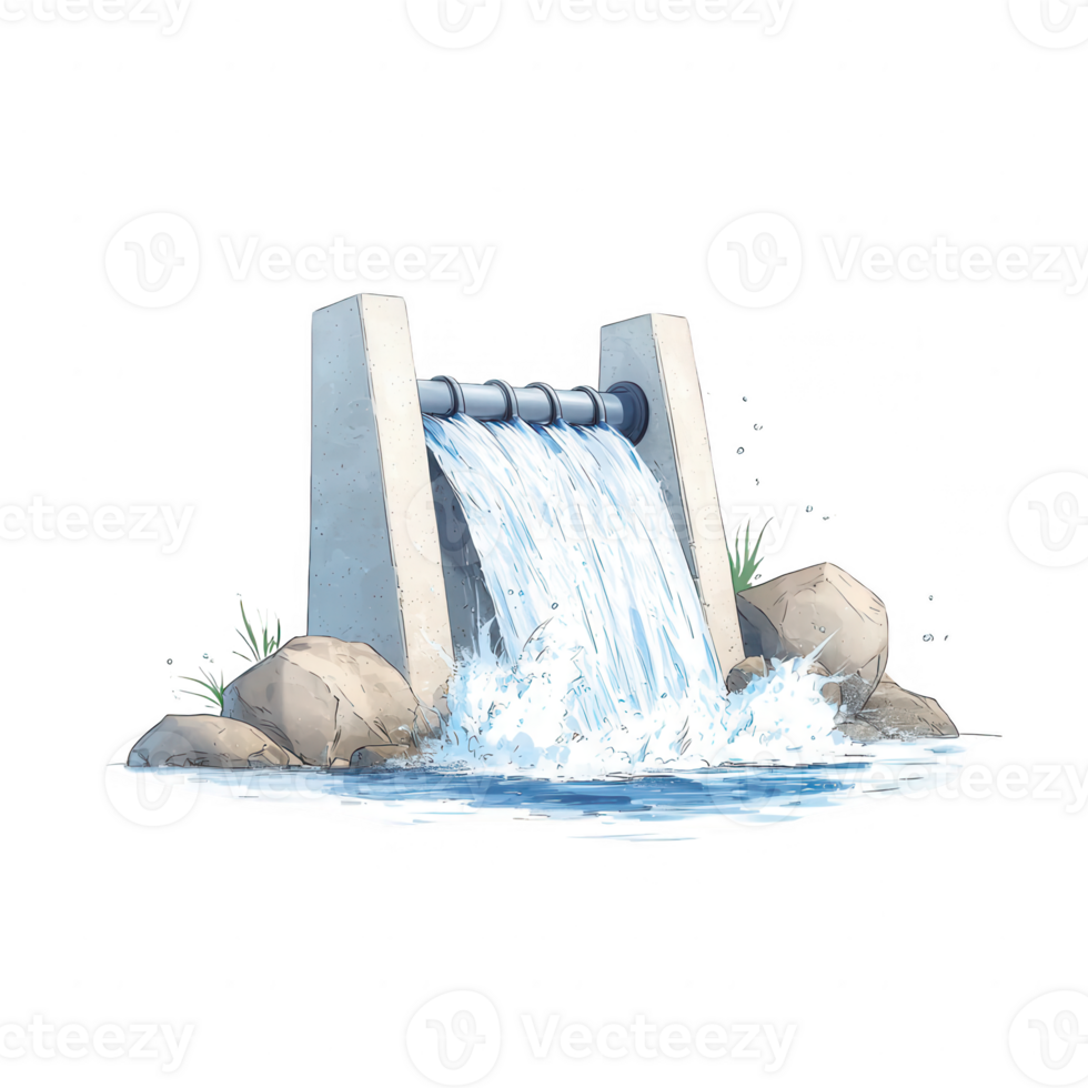 A serene water flow cascading over a modern dam structure into a tranquil pool. png