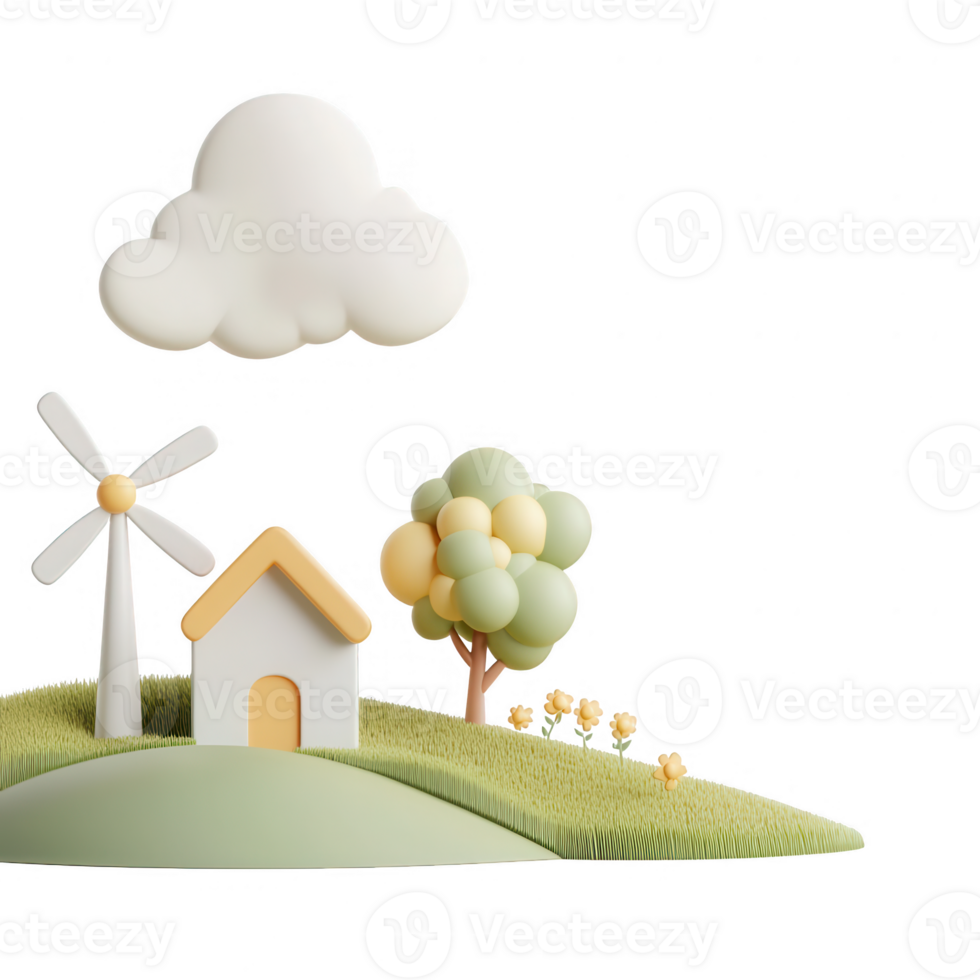 A serene landscape featuring a house, wind turbine, tree, and fluffy cloud. png