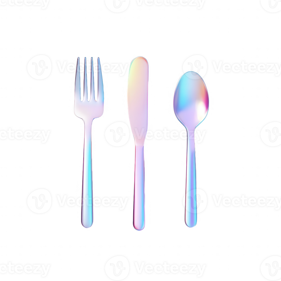 A shiny, iridescent set of cutlery including a fork, knife, and spoon. png