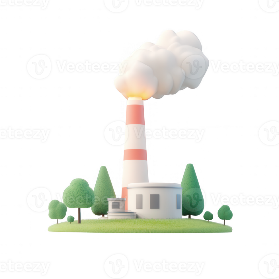 A stylized factory emitting smoke with surrounding trees in a minimalist design. png
