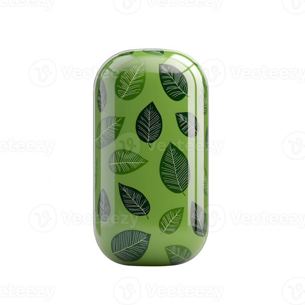 A stylized green capsule with leaf patterns, symbolizing nature and eco-friendliness. png