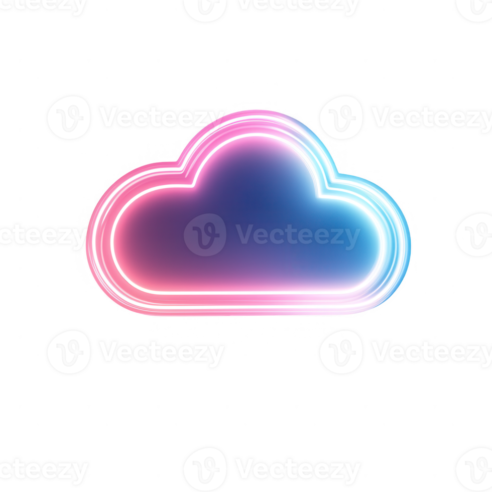 A vibrant neon cloud symbol representing digital storage and innovation. png