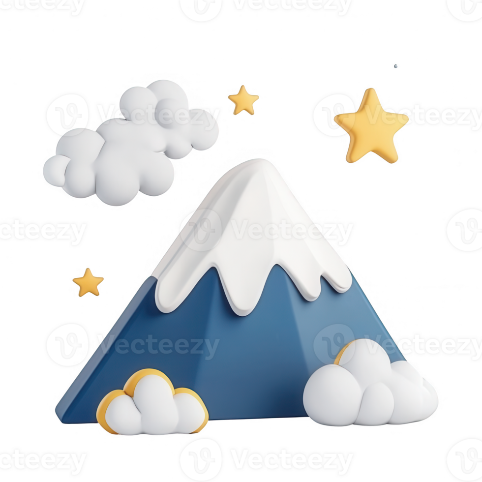A whimsical mountain scene adorned with clouds and stars, perfect for creative projects. png