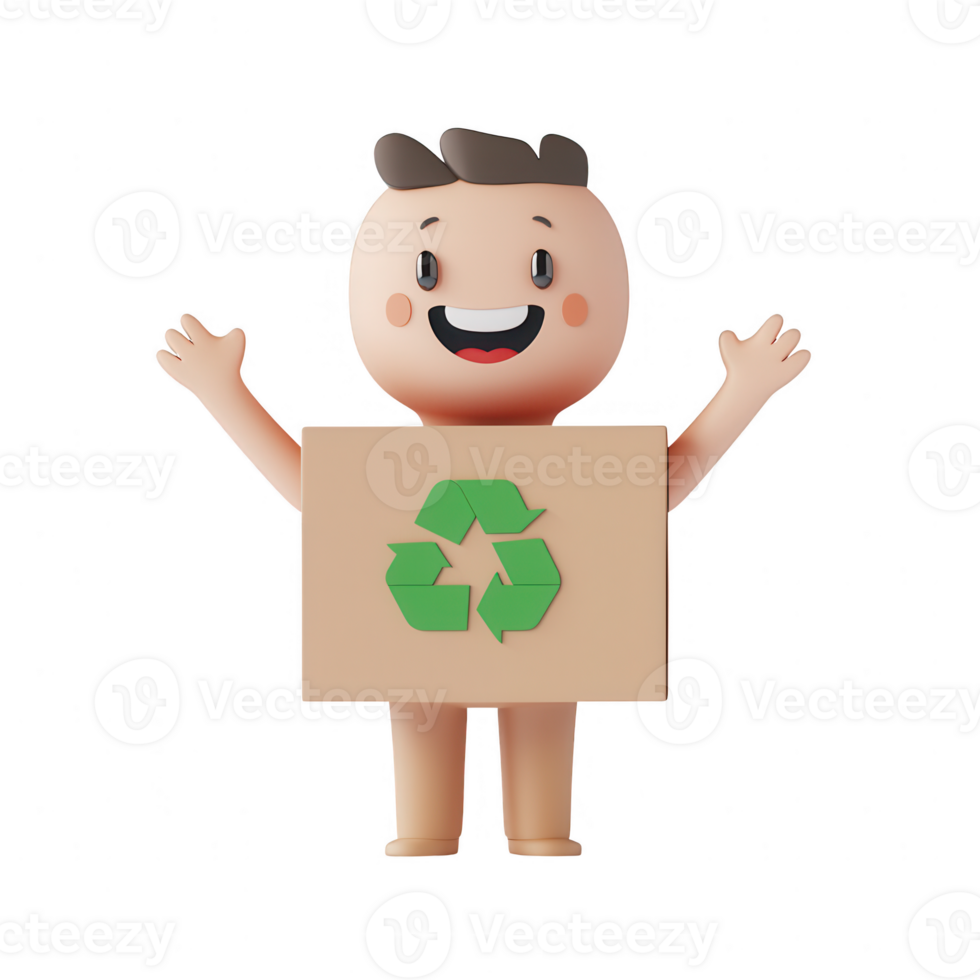 Cartoon character promoting recycling with a cheerful demeanor and green symbol. png
