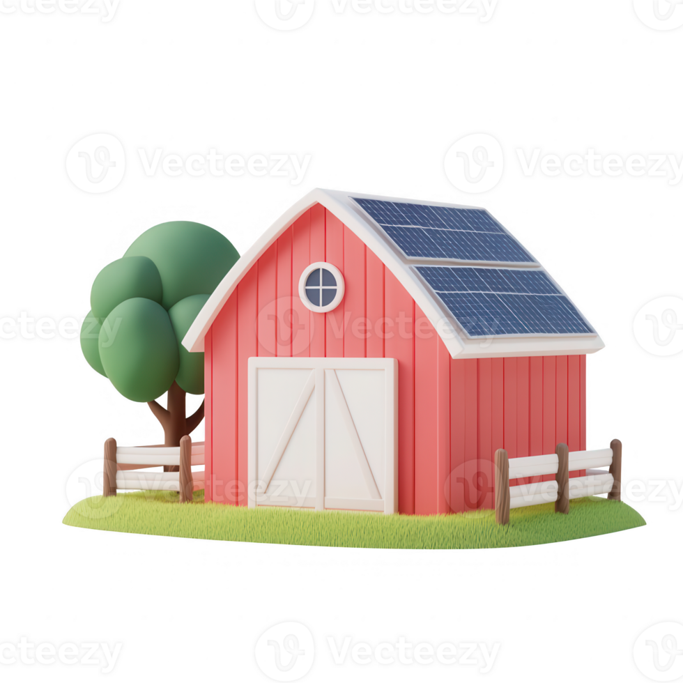 Colorful model of a solar panel-equipped barn surrounded by greenery. png