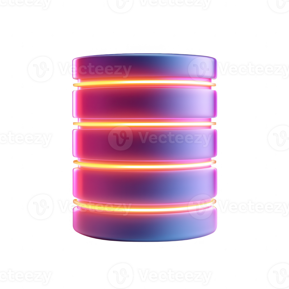 Futuristic data storage cylinder with vibrant neon lights and sleek design. png