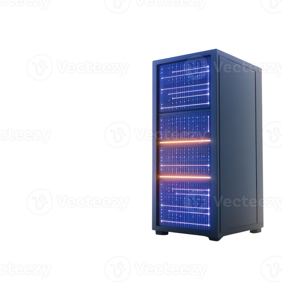 Futuristic server cabinet with glowing lights and digital interfaces. png