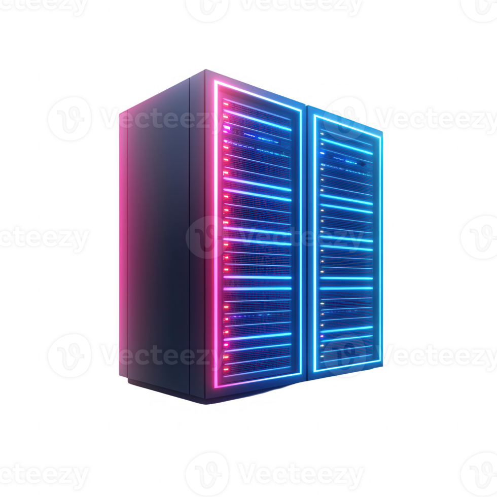 Futuristic server rack with neon lights, representing advanced data storage solutions. png