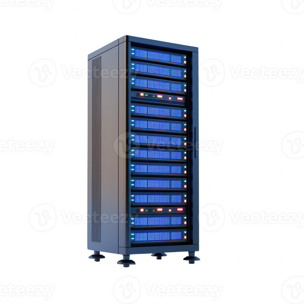 High-tech server rack with glowing components and modern design for data storage. png