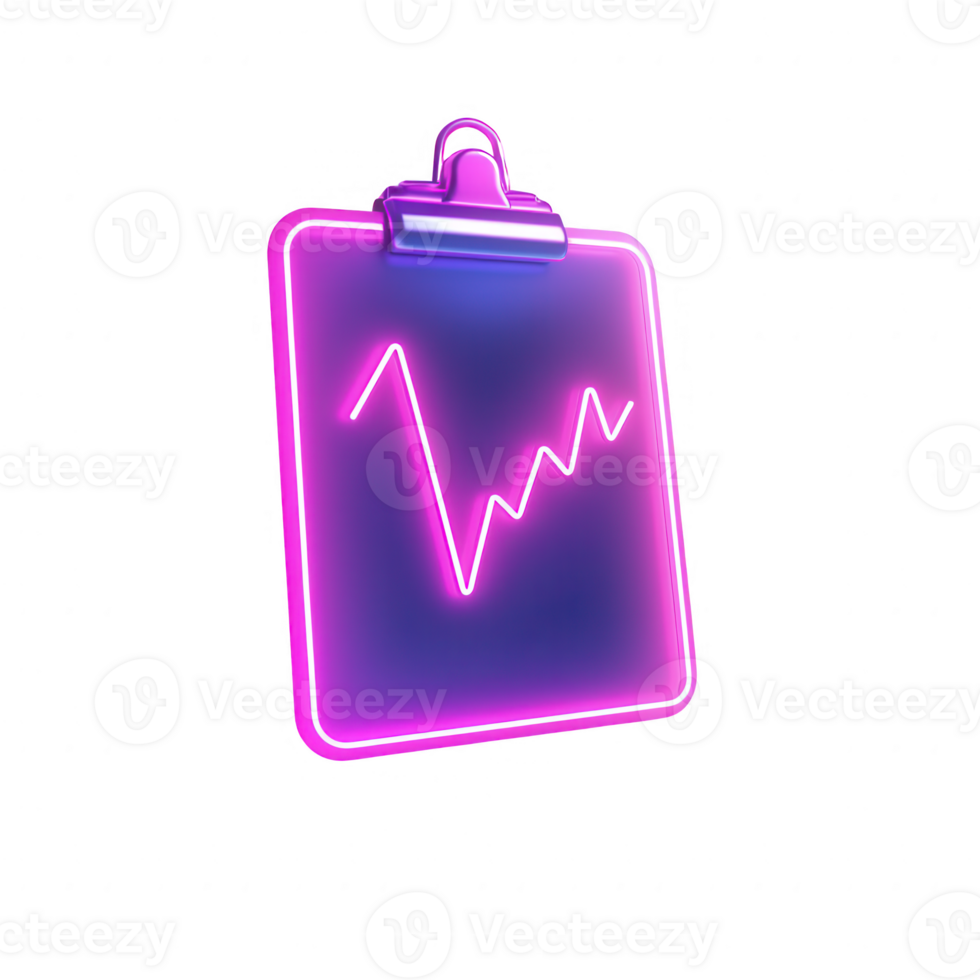 Neon clipboard displaying a rising graph, symbolizing progress and success. png