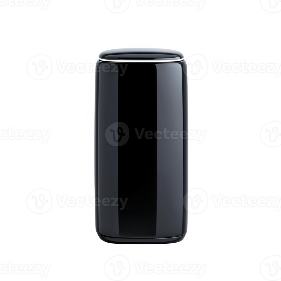 Sleek black beverage can standing upright against a clean, white background. png
