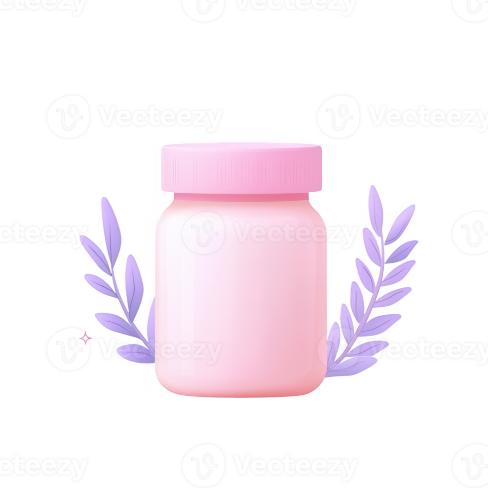 Stylish pink jar with decorative leaves, perfect for cosmetic or food presentations. png