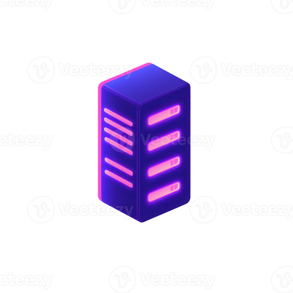 Vibrant server rack with neon glow, ideal for tech and digital content. png