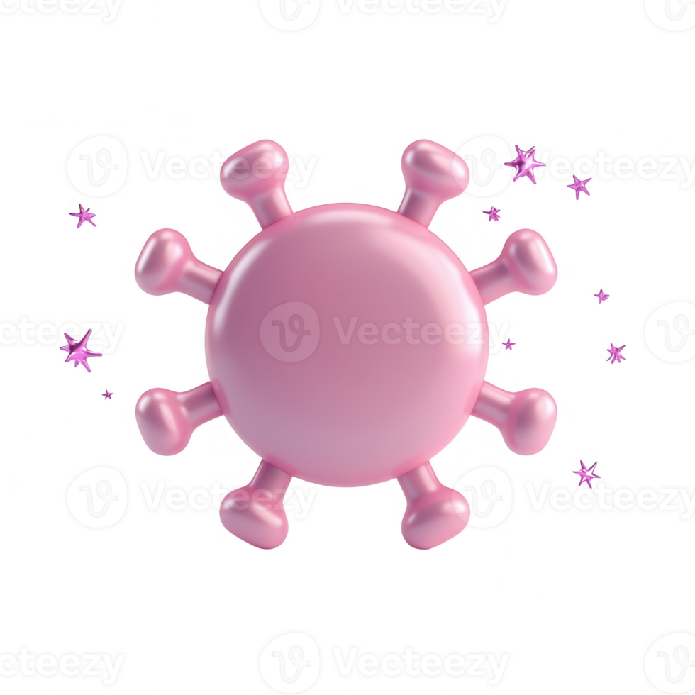 Stylized illustration of a pink virus molecule with sparkles, representing science themes. png