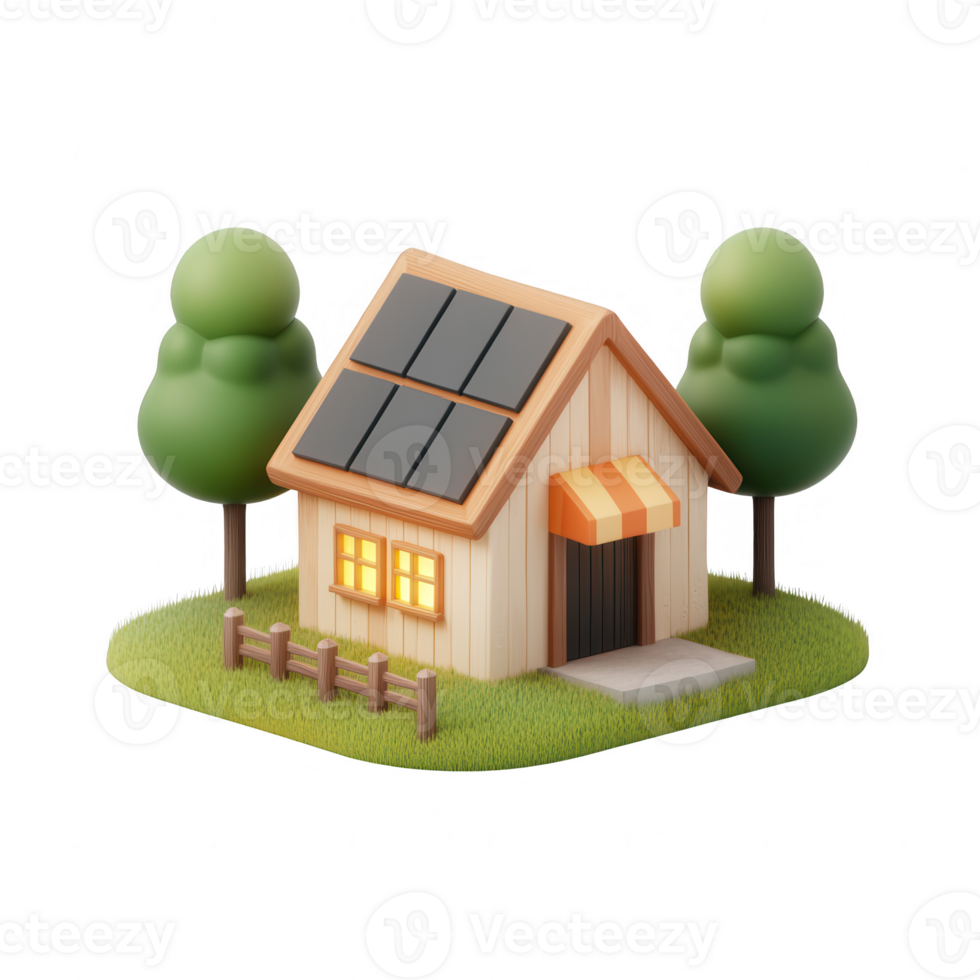 A charming solar-powered house surrounded by trees and a cozy garden. png