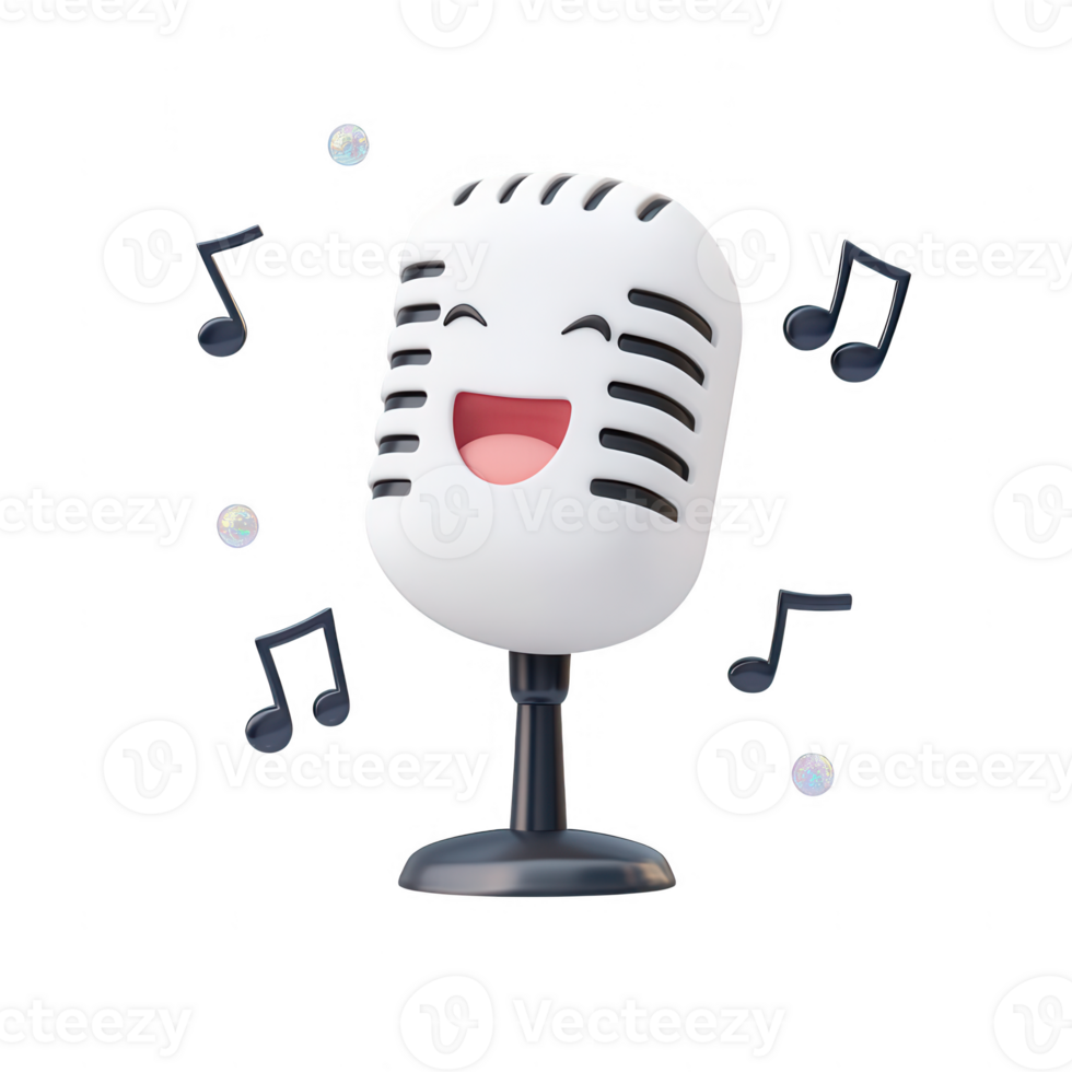 A cheerful cartoon microphone with musical notes, representing joy in music and singing. png
