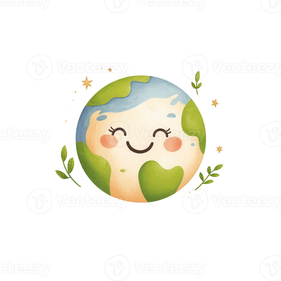 A cheerful Earth character surrounded by leaves and sparkles, promoting environmental care. png