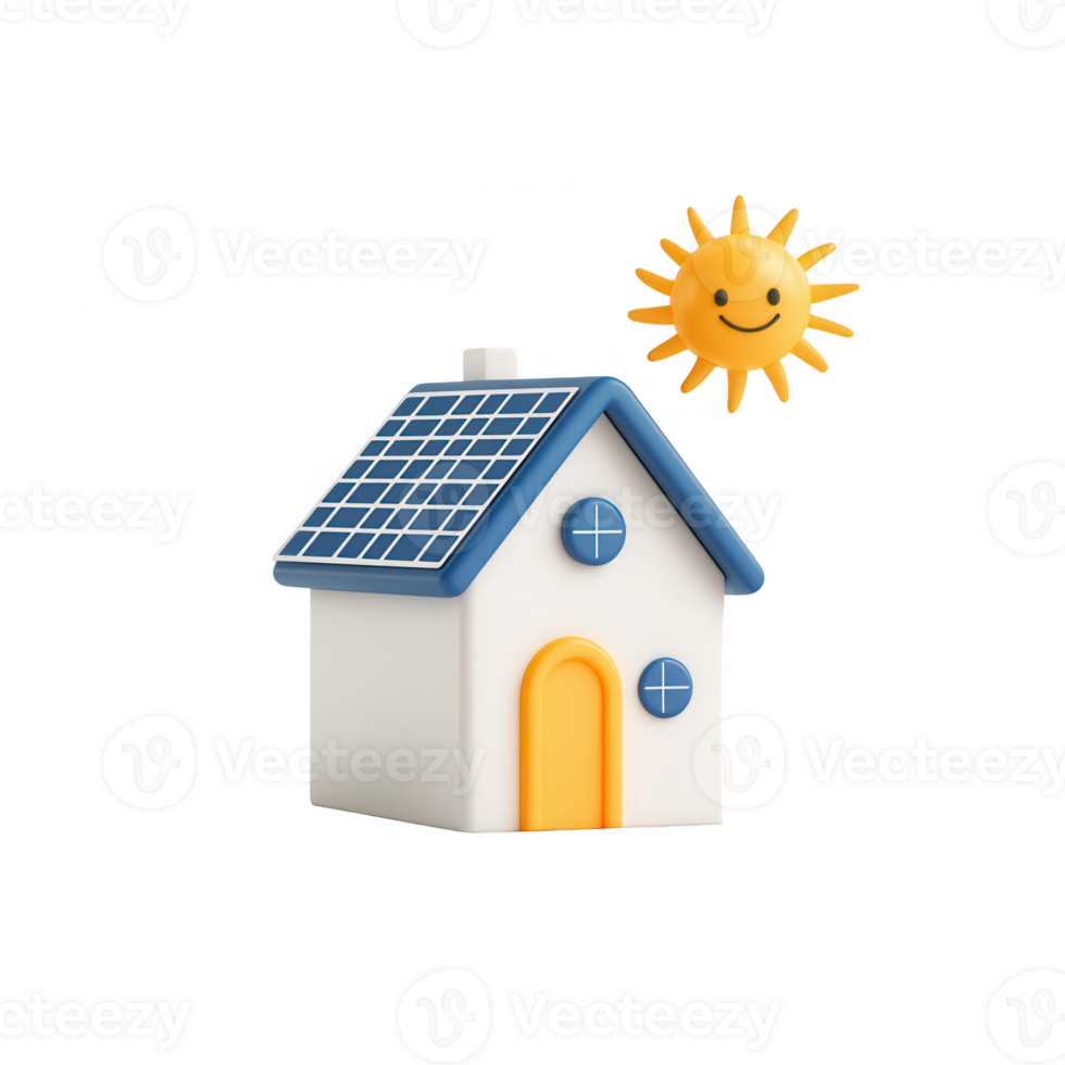 A cheerful house with solar panels and a smiling sun, symbolizing eco-friendly living. png