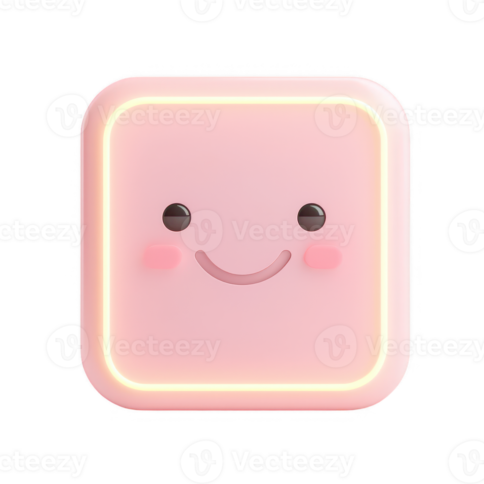 A cheerful pink square icon with a smiling face, perfect for playful designs. png