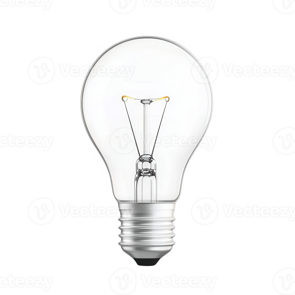 A clear light bulb illuminates with a glowing filament, symbolizing ideas and innovation. png