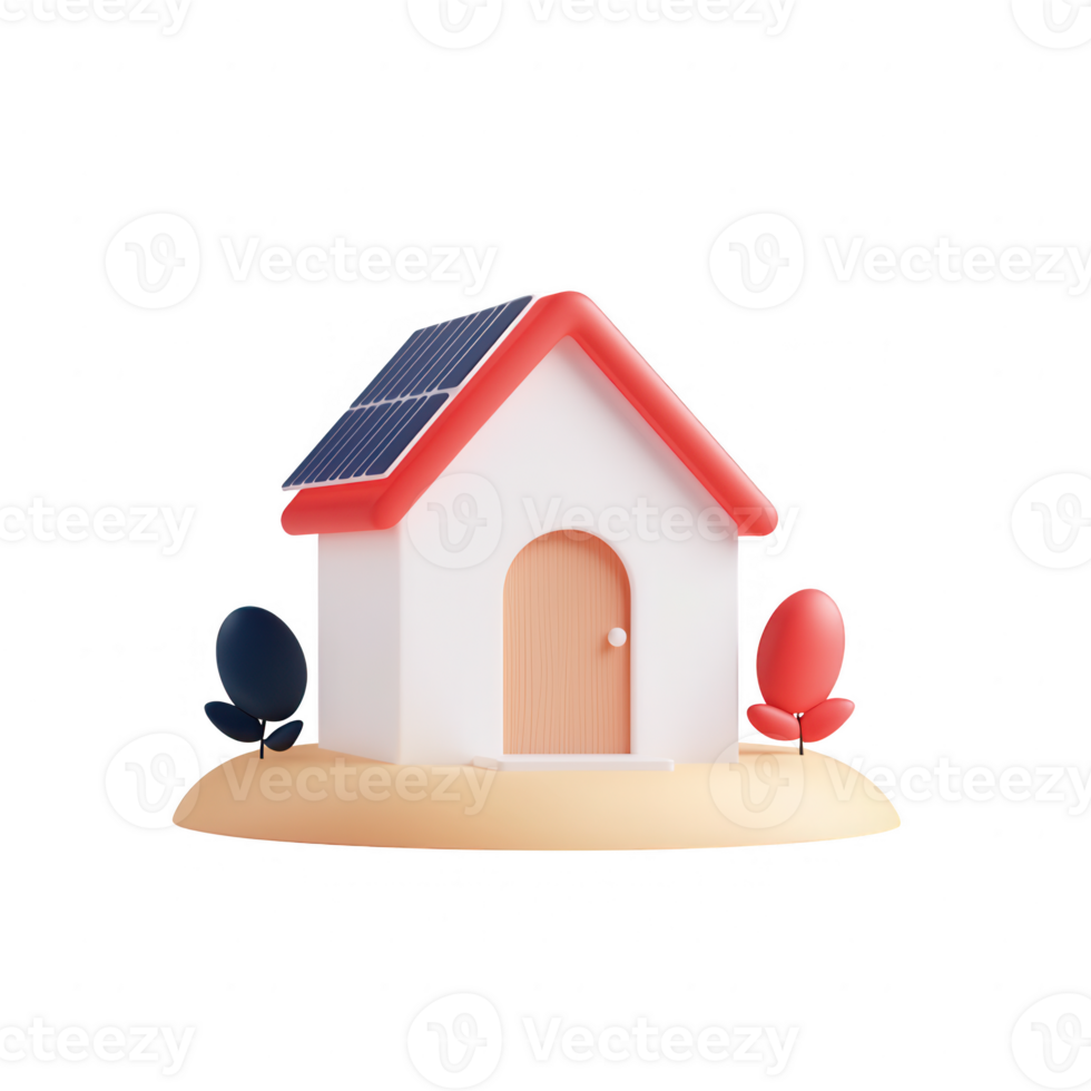 A colorful, modern house with solar panels and decorative plants surrounding it. png