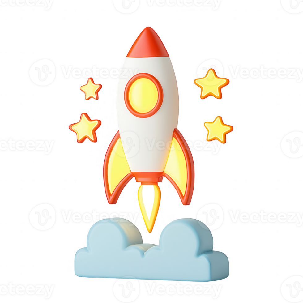 A colorful rocket launching into the sky with stars and clouds, symbolizing adventure. png